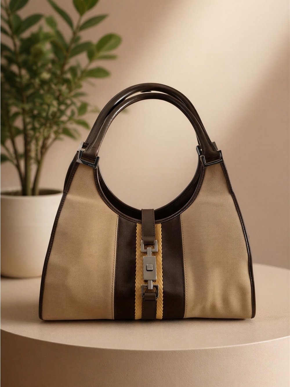 Gucci Jackie Structured Tan and Dark Brown Shoulder Bag